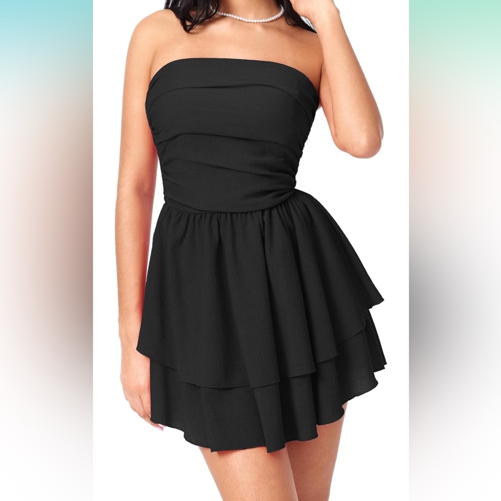 CIDER Women's Summer Cocktail Dress - Tube Ruched Ruffle Mini Dress